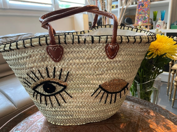 Panier tressé à la main à Marrakech, Clin d'oeil, anses en cuir