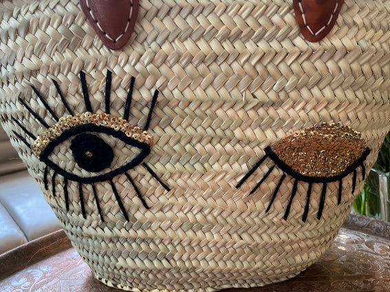 Panier tressé à la main à Marrakech, Clin d'oeil, anses en cuir