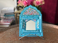 Miroir en bois peint, motifs "zwak", fabrication artisanale à Marrakech (bleu)
