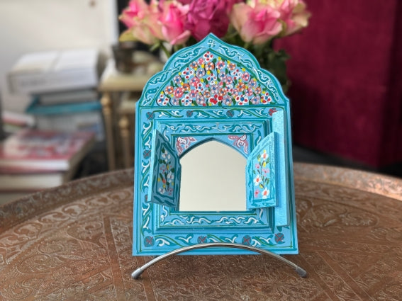 Miroir en bois peint, motifs "zwak", fabrication artisanale à Marrakech (bleu)