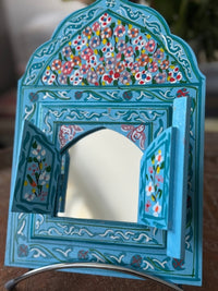 Miroir en bois peint, motifs "zwak", fabrication artisanale à Marrakech (bleu)