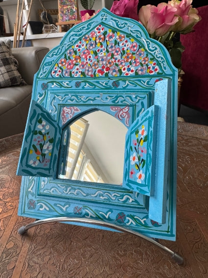 Miroir en bois peint, motifs "zwak", fabrication artisanale à Marrakech (bleu)