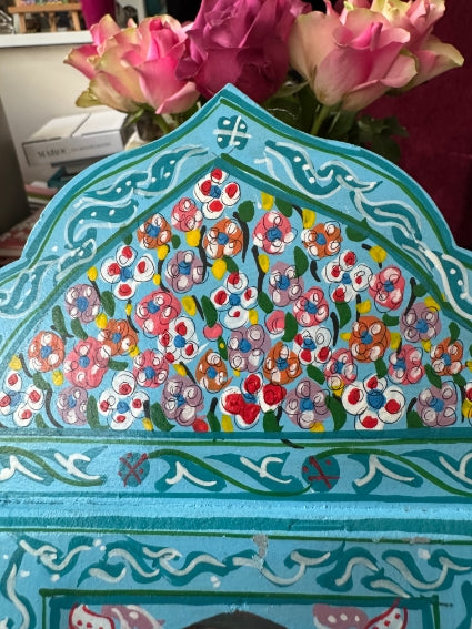 Miroir en bois peint, motifs "zwak", fabrication artisanale à Marrakech (bleu)