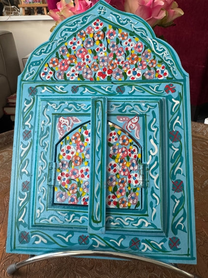 Miroir en bois peint, motifs "zwak", fabrication artisanale à Marrakech (bleu)