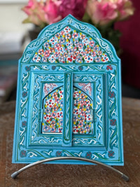 Miroir en bois peint, motifs "zwak", fabrication artisanale à Marrakech (bleu)