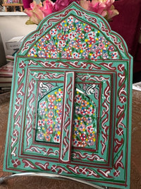 Miroir en bois peint, motifs "zwak", fabrication artisanale à Marrakech (turquoise)
