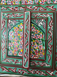 Miroir en bois peint, motifs "zwak", fabrication artisanale à Marrakech (turquoise)