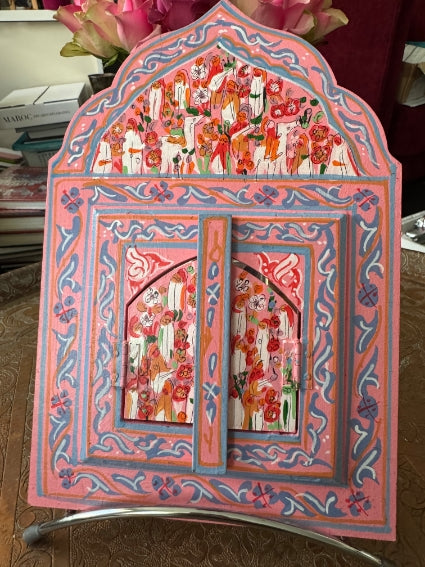 Miroir en bois peint, motifs "zwak", fabrication artisanale à Marrakech (rose)