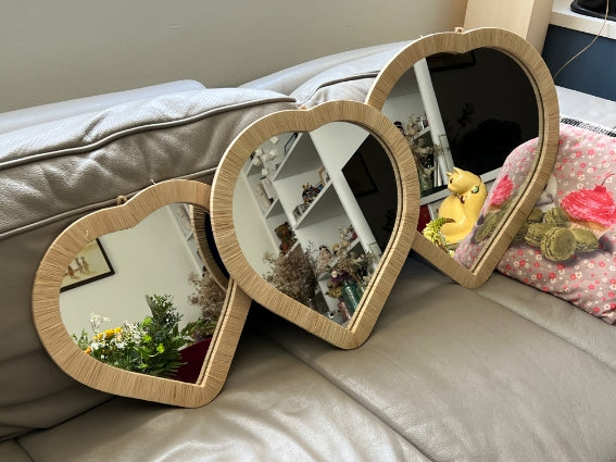 Lot de 3 miroirs coeurs raphia, fabrication artisanale au Maroc