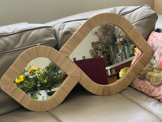 Lot de 2 miroirs en forme d'oeil en raphia, fabrication artisanale au Maroc