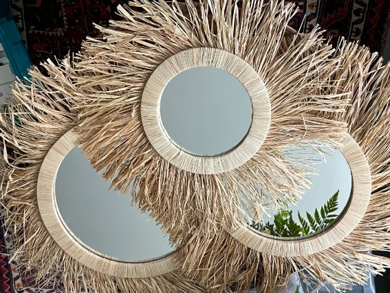 Lot de 3 miroirs soleils raphia, fabrication artisanale au Maroc